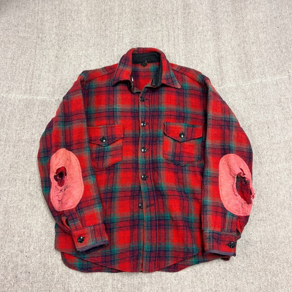Vintage 1940s Flannel Shirt Mens Medium‎ Red Wool Button Up Long Sleeve Plaid